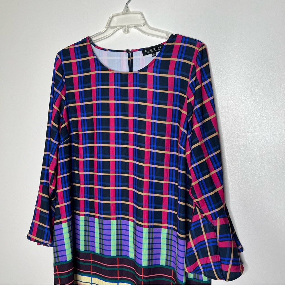 Eloquii Multicolor Plaid Dress with Flared Long Sleeves  Key Hole Opening SZ 18 - Picture 2 of 11